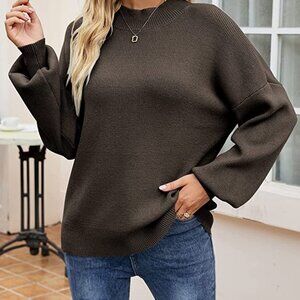 Women's Casual Turtleneck Long Lantern Sleeve Oversized Ribbed Knit Pullover